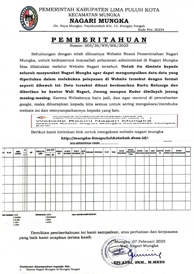 PEMBERITAHUAN PENGUMPULAN DATA UNTUK WEBSITE
